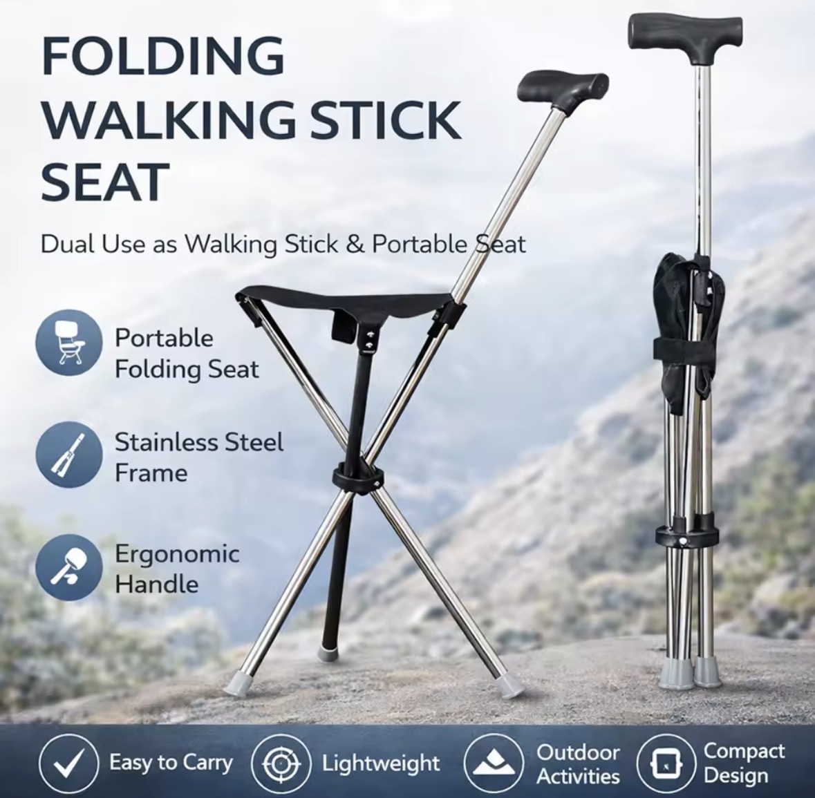 A folding walking stick shown both as a cane and opened out into a tripod seat