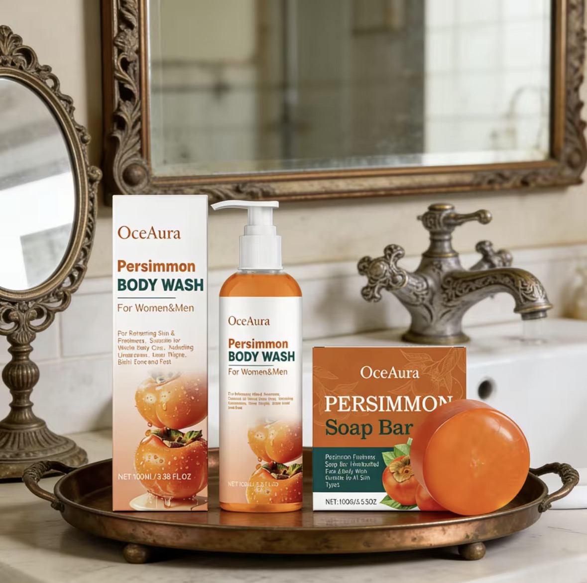 Fragrance-free body wash and soap bar set on a bathroom vanity tray