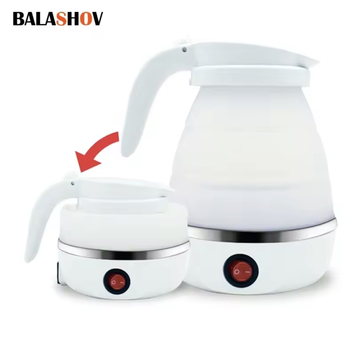A collapsible white kettle shown expanded and folded flat