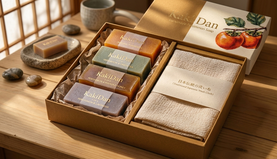 Kaki:Dan handmade persimmon soap bar pack, box open showing three wrapped bars