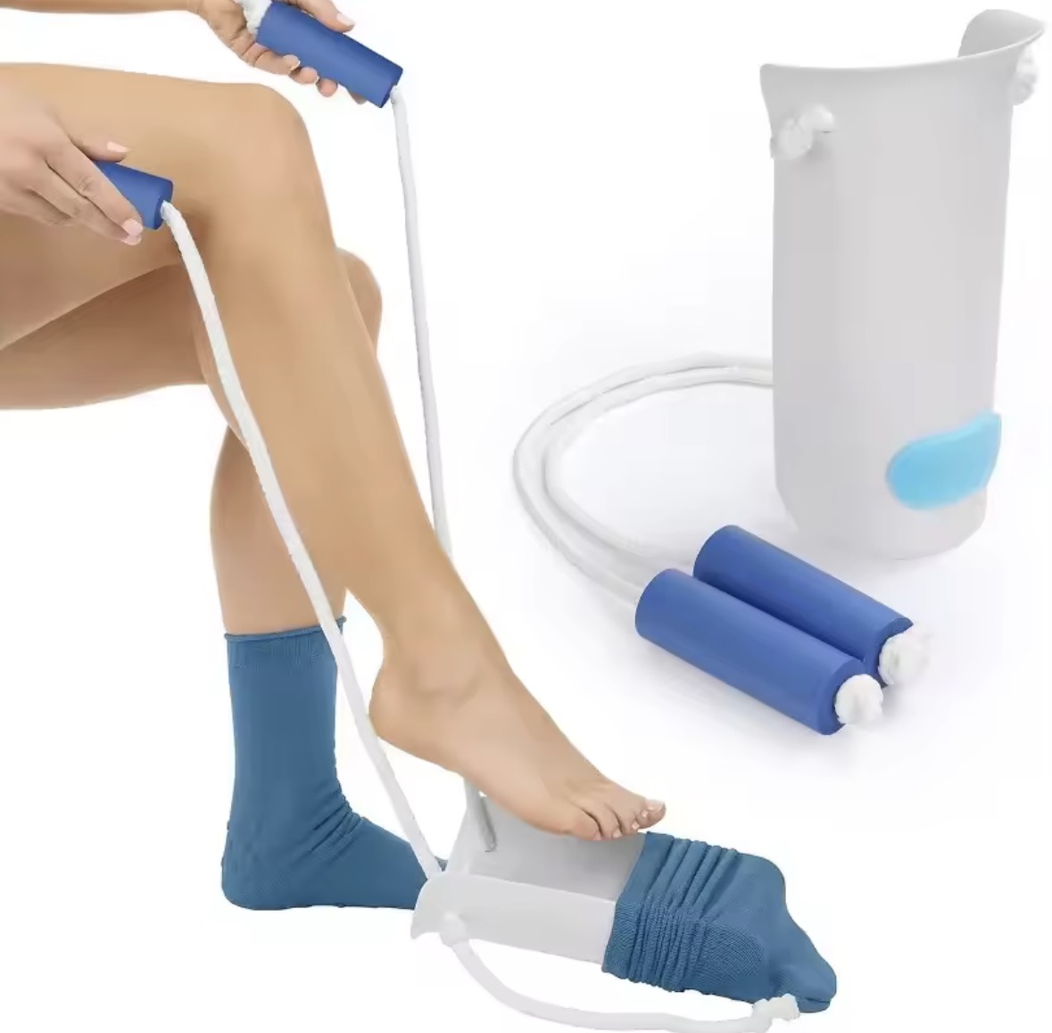 A sock aid device being used to pull a sock onto a foot without bending