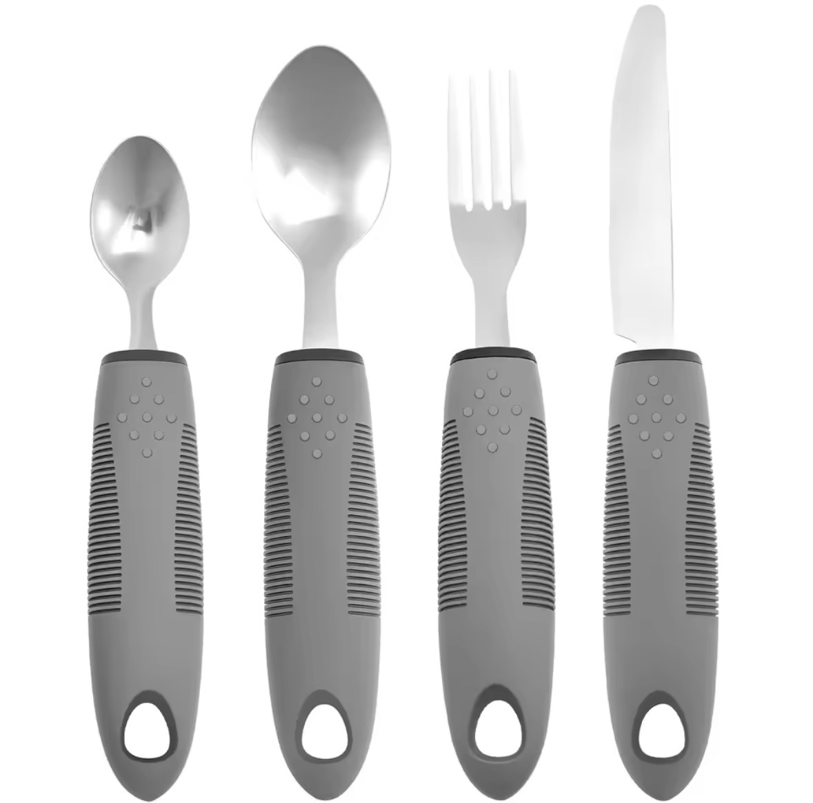A four-piece set of weighted cutlery with grey textured grip handles